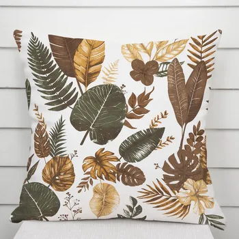 Povlak na dekorativní polštářek Bavlněný povlak na polštář Sandra SA-540 Hnědo-zelené listy na bílém 35 x 45 cm