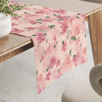 ubrus Sametový běhoun na stůl Tamara TMR-039 Růžovo-fialové akvarelové květy na světle lososovém 20x120 cm