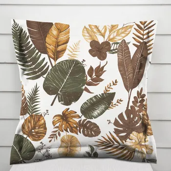 Povlak na polštářek Bavlněný povlak na polštář s lemem Sandra SA-540 Hnědo-zelené listy na bílém 50 x 60 cm