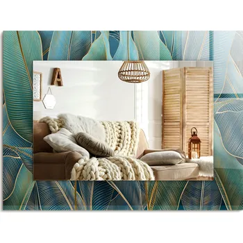 Zrcadlo Obdélníkové nástěnné dekorativní zrcadlo s možností montáže na výšku i na šířku, motiv Listy a linie, 80x60 cm