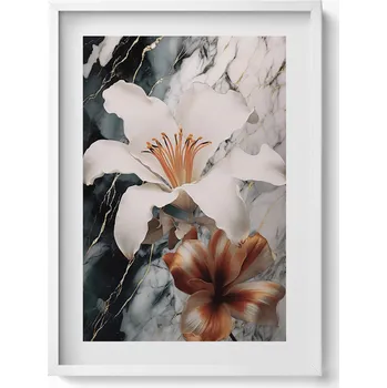 Obraz Závěsný obraz rámeček bílé barvy Kompozice mramoru s květinami 50 x 70 cm