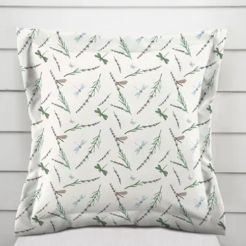 Povlak na polštářek Bavlněný povlak na polštář s lemem Sandra SA-560 Vážky a levandule na bílém 50 x 50 cm