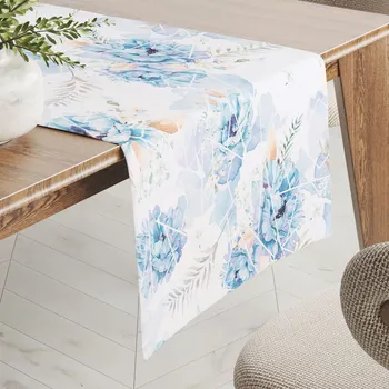 ubrus Teflonový běhoun na stůl TF-087 Modré květy na geometrickém bílém 35x120 cm