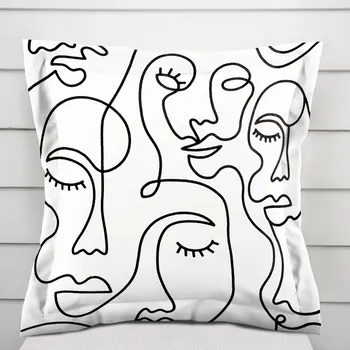 Povlak na dekorativní polštářek Bavlněný povlak na polštář s lemem Sandra SA-570 Abstraktní tváře na bílém 40 x 60 cm