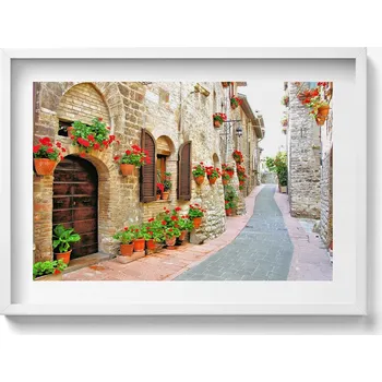 Obraz Dekorativní nástěnný obraz v bílém rámu Malebná ulička s květinami 70x50 cm