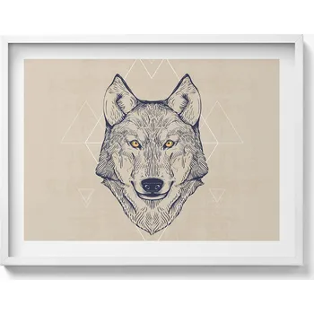 Obraz Dekorativní obraz v bílém rámu na zeď do obýváku kuchyně Hlava vlka 80x60 cm