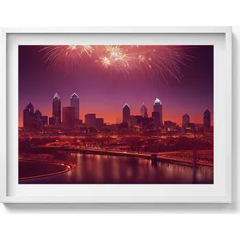 Obraz Nástěnný obraz v bílém rámu Město v noci ohňostroj ve Philadelphii 80x60 cm