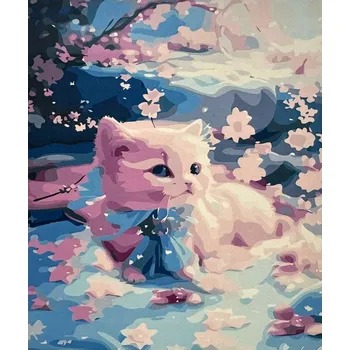 Obraz Obraz MALOVÁNÍ PODLE ČÍSEL S RÁMEM V SADĚ 50x40 Kočka Růžové Květy Třešně