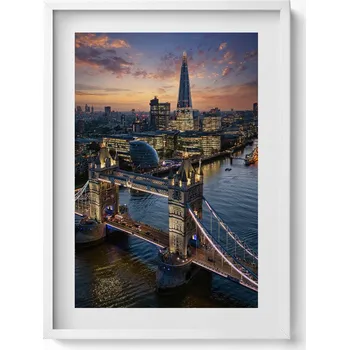 Obraz Obraz grafika v bílém rámu Londýnský most večer z ptačí perspektivy 50x70 cm