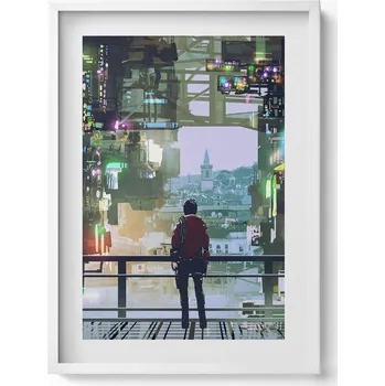 Obraz Ozdobný nástěnný obraz v bílém rámu s grafikou Cyberpunkové město 50x70 cm