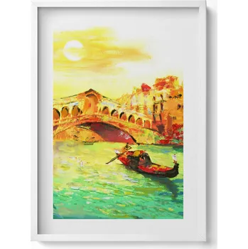 Obraz Závěsný obraz rámeček bílé barvy Benátky - gondola a most Rialto 50x70 cm
