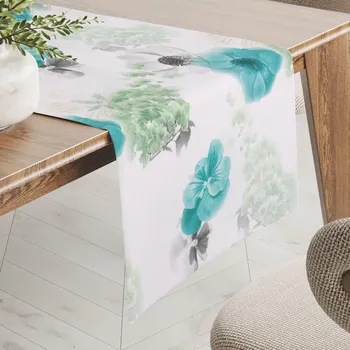 ubrus Teflonový běhoun na stůl TF-044 Tyrkysové růže na bílém 20x120 cm