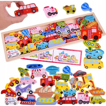 Dřevěná hračka Velká sada VOZIDLA 27 dílů abeceda písmenka Puzzle dřevěné ZA4747