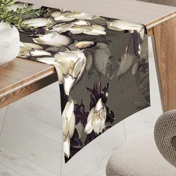 ubrus Sametový běhoun na stůl Tamara TMR-034 Květy gardénie na hnědošedém 20x120 cm