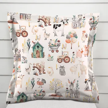 Povlak na dekorativní polštářek Dětský bavlněný povlak na polštář s lemem Sandra SA-563 Zvířátka na farmě na bílém 50 x 50 cm