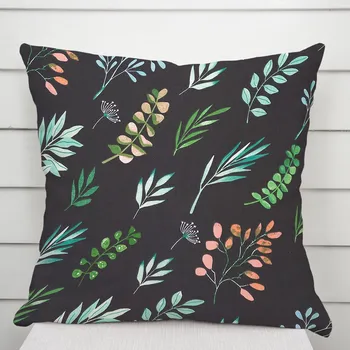 Povlak na dekorativní polštářek Bavlněný povlak na polštář Sandra SA-556 Větvičky s lístky na černém 35 x 45 cm