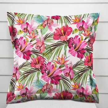 Povlak na polštářek Bavlněný povlak na polštář s lemem Sandra SA-555 Růžovo-červené havajské květy na bílém 50 x 60 cm