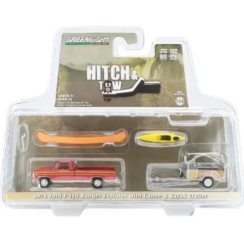autíčko Ford F-150 Ranger Explorer 1978 s Přívěsem na Kánoi 1:64 Ford F150 Ranger Explorer with Canoe Trailer with Canoe Rack, Canoe and Kayak - kovový model auta 1/64