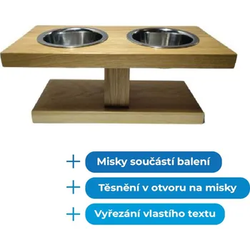 Miska pro psa Svět Tlapky Vyvýšený stojan na 2 misky pro psa SANTI Dřevina nebo odstín: Borovice (dřevo), Výška: 10cm (malé plemeno), Průměr miska (rozměr): miska 13cm (34 x 18cm)