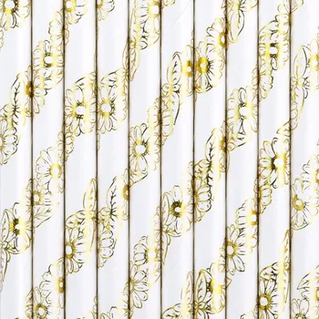 PartyDeco Papírová brčka, zlaté sedmikrásky, 19,5cm, 10ks