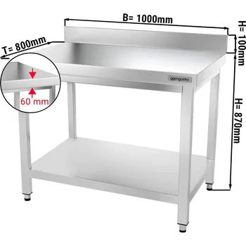 Jídelní stůl G.Gastro Pracovní stůl z nerezové oceli PREMIUM - 1,0 m - se spodní policí & obkladovým panelem