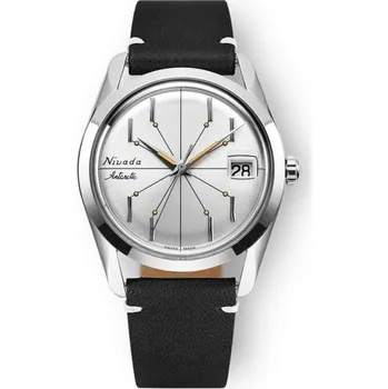 Hodinky Nivada Grenchen Antarctic Spider Silver 35 mm - Black leather White Stitching + 5 let záruka a dárek ZDARMA