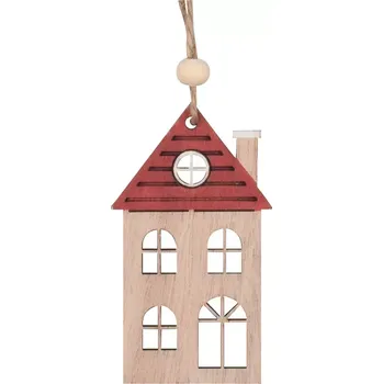 Vánoce Dřevěný domek na zavěšení s červenou střechou 7,5 cm