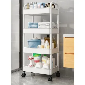 Úložný box Bílý úložný regál na kolečkách | Kuchyňský organizér - Bílá čtyřvrstvá