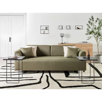 Pohovka Pohovka s bočními stolky olivově zelené polyesterové čalounění pro 3 osoby odnímatelné boční opěrky a opěradlo se 2 stolky Beliani