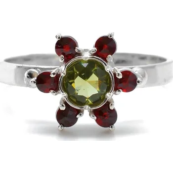 Prsten Stříbrný prsten květ s českým granátem a vltavínem Zilla - 51, Rhodiování