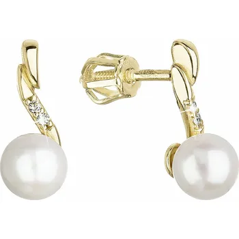 Náušnice Zlaté 14 karátové náušnice žluté zlato s bílou říční perlou a zirkony 91PZ00027