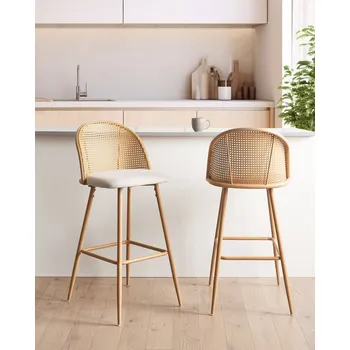 Barová židle Sada 2 barových židlí kovový rám s efektem světlého dřeva béžový látkový sedák s vídeňským výpletem retro styl Beliani