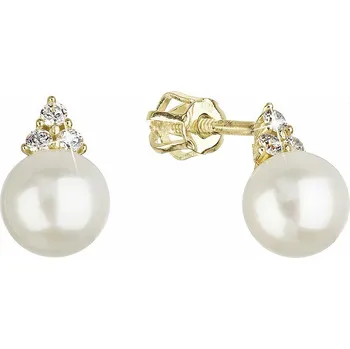 Náušnice Zlaté 14 karátové náušnice pecky žluté zlato s bílou říční perlou a třemi zirkony 91PZ00025