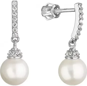Náušnice Zlaté 14 karátové náušnice bílé zlato s visací říční perlou a zirkony 81PZ00021