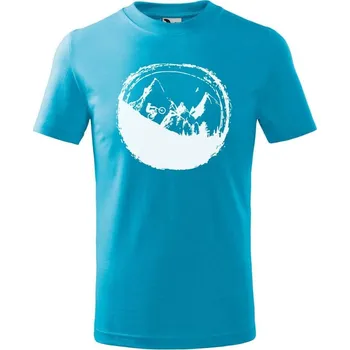 Dětská móda DOBRÝ TRIKO Dětské tričko s potiskem Hory a kolo Velikost: 158/12 let, Barva: Tyrkysová