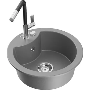 Granitový dřez MEXEN/S - Diego granitový dřez 1-miska včetně baterie Flora, šedá 6512-71-670401-07