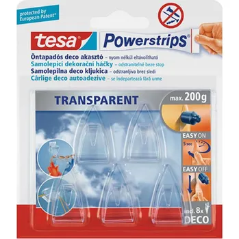 Věšák Tesa Háčky dekorační transparentní Powerstrip, lepící proužek 8ks, háček 5ks
