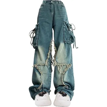 Dámské džíny Originální široké džíny baggy roztřepené Barva: Modrá, Velikost: XL