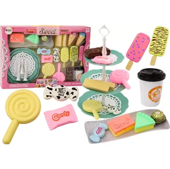 Dětská kuchyňka Dětská cukrárna a kavárna – sada sladkostí s třípatrovým podnosem, 25 dílů