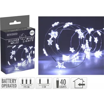 Vánoční dekorace osvětlení vánoční 1,95m 40LED studená BÍ, drát, HVĚZDY