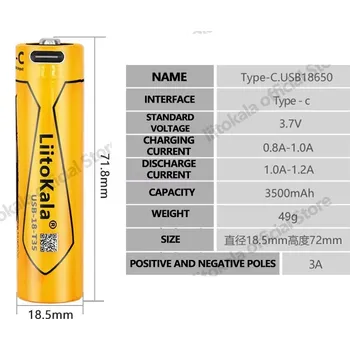 Článková baterie LiitoKala USB-18-T35 Type-C nabíjecí 3500mAh 18650 3,7V Li-ion baterie pro svítilny
