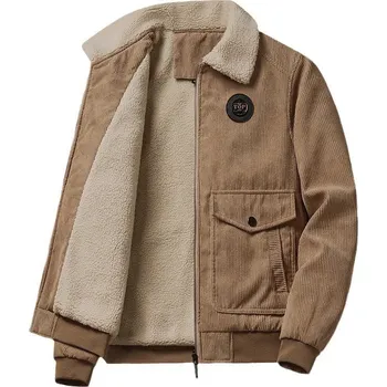 Pánský zimní kabát Manšestrová zimní bunda s kožešinovou podšívkou Barva: Khaki, Velikost: XS