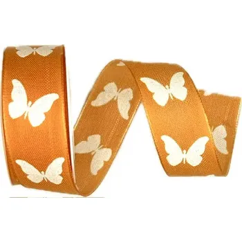 Stuha Stuha látková SWEET BUTTERFLY ORANGE oranžová 25mm x 2,5m(10,- Kč/m) (Stuha taftová, bílý potisk, oboulící, s vetkaným vlascem )