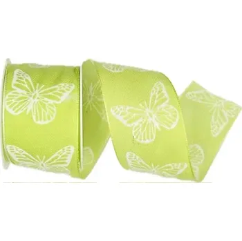 Stuha Stuha látková SWEET BUTTERFLY GREEN hráškově zelená 40mm x 2m (13,-Kč/m) (Hráškově zelená, látková stuha, s plastickým bílým potiskem motýl, s vetkaným tenkým vlascem v obou okrajích)