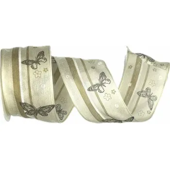 Stuha Stuha bavlněná BUTTERFLY CREAM krémová 40mm x 2m (13,- Kč/m) (Stuha tkaná, oboulící, potisk motýli, s vetkaným drátkem v obou okrajích)