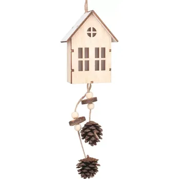 Vánoční dekorace Dřevěný domek s šiškami na zavěšení 7 x 30 x 4 cm