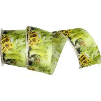 Stuha Stuha taftová GARDENING fotopotisk slunečnice 40mm x 2m (13,-Kč/m) (Stuha taftová, pestrý potisk s motivem zahrádka a slunečnice, s vlascem v lemu)