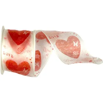 Stuha Stuha Valentýnská ORGANDY LOVE červená 40mm x 2m (15,-Kč/m) (Stuha Valentýnská, organzová, potisk srdce, oboustranná, transparentní)