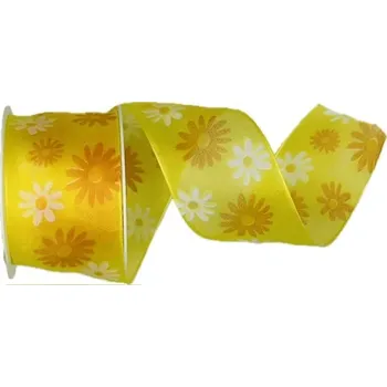 Stuha Stuha taftová SPRING FLOWER YELLOW žlutá 40mm x 2m (14,- Kč/m) (Taftová stuha, průsvitná, oboustranná, potisk květiny, s vetkaným vlascem v okrajích)