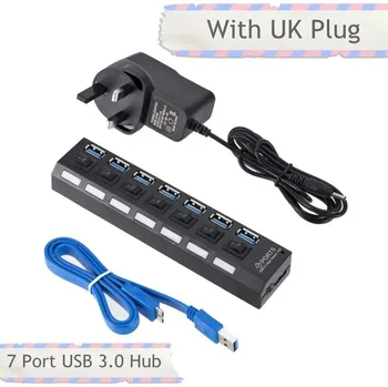 USB hub Superrychlý USB 3.0 hub s napájením a přepínači - 7 Portů s UK